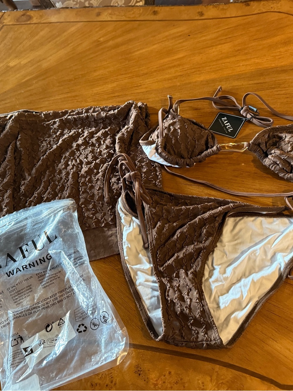 ZAFUL Women's Brown Textured Triangle Bikini Set size Large